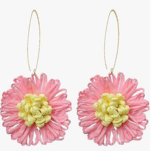 Pink Raffia Flowers Wire Statement Earrings Big Boho Wicker Vacation Flowers New